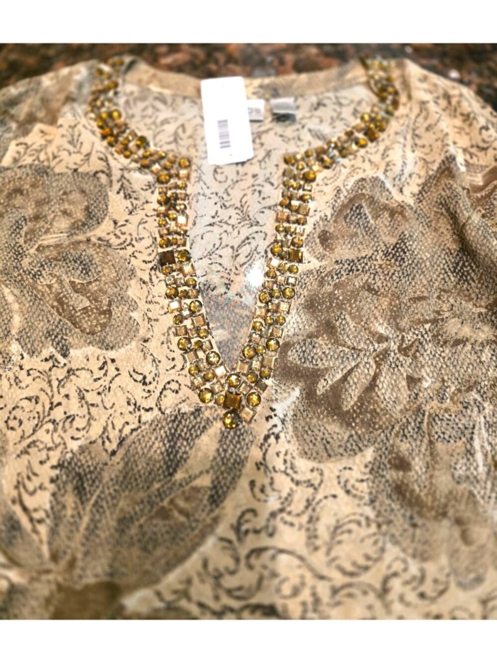 Chicos Size 0 Gold Glam Tunic Beaded Neckline Floral Long Sleeve 100% Silk - Picture 2 of 12